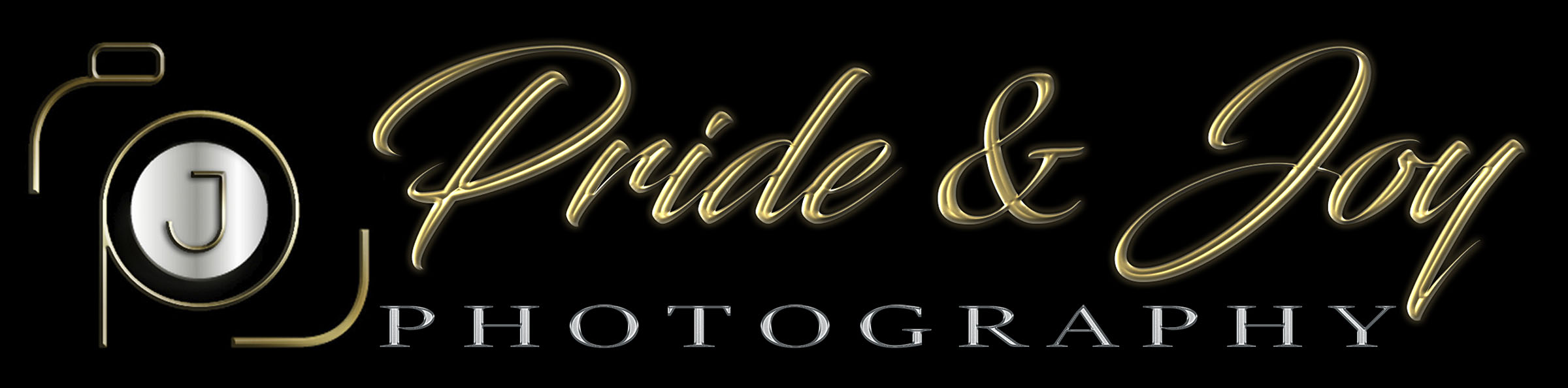 Pride and Joy Photography logo on deep black background with a gold and silver font.