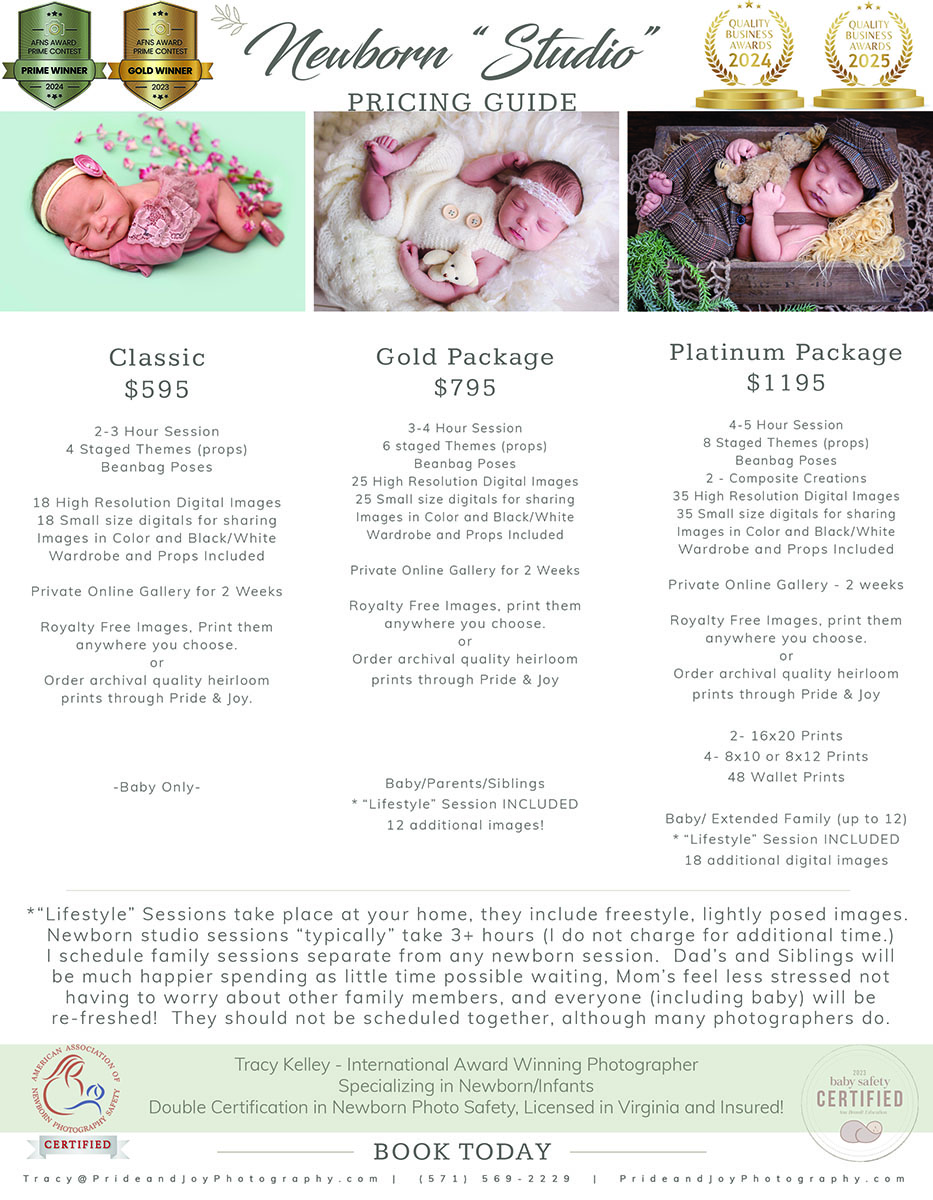 Newborn studio pricing starts at $595
